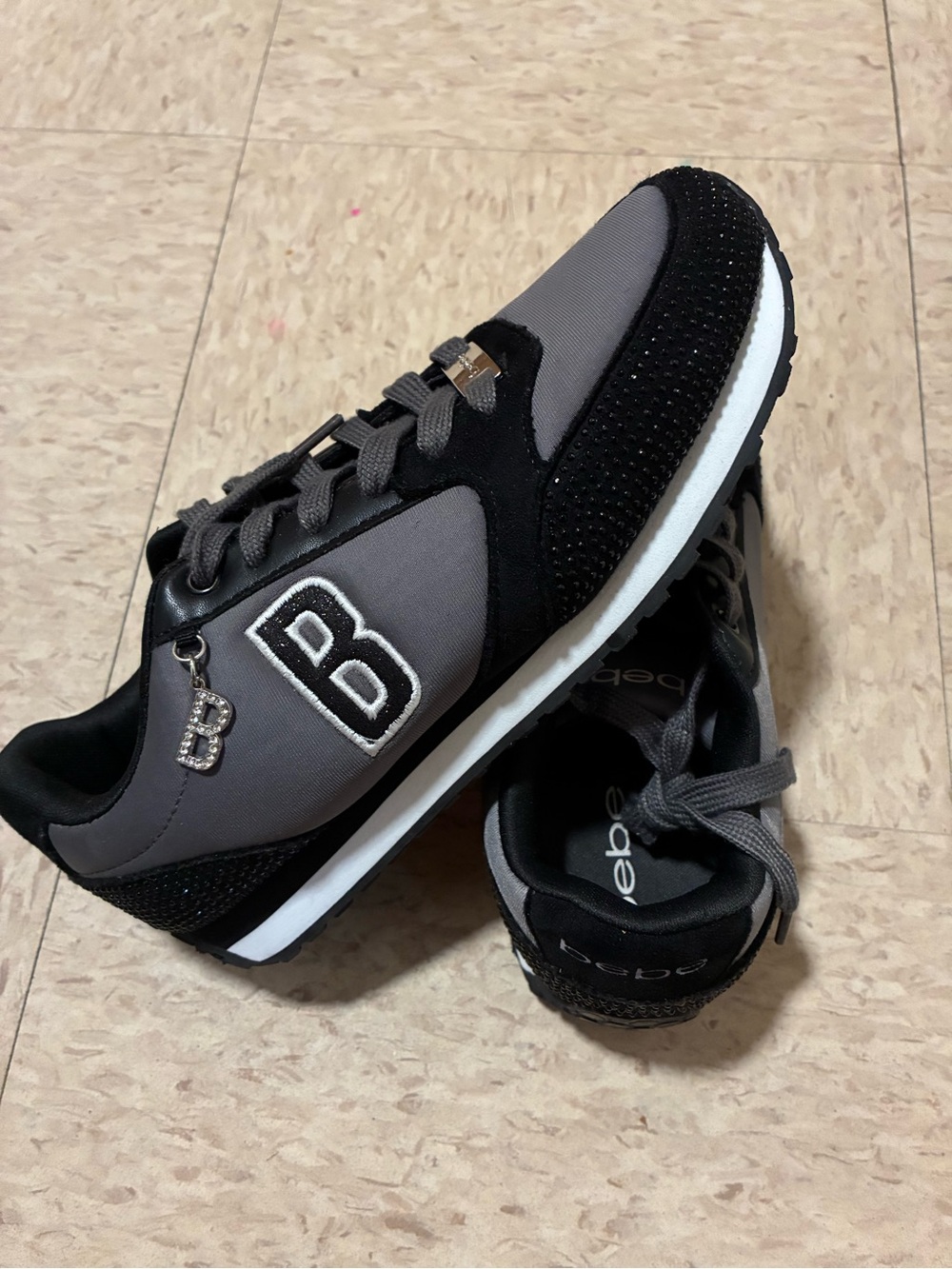 bebe Black & Gray Women’s Casual Sneakers with Rhinestone 'B' Charm
